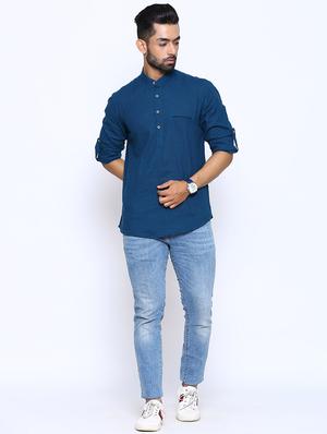 blue solid short kurta - 17425729 - Standard Image - 4