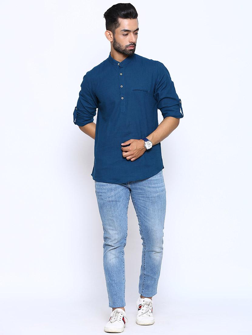 blue solid short kurta - 17425729 - Zoom Image - 4