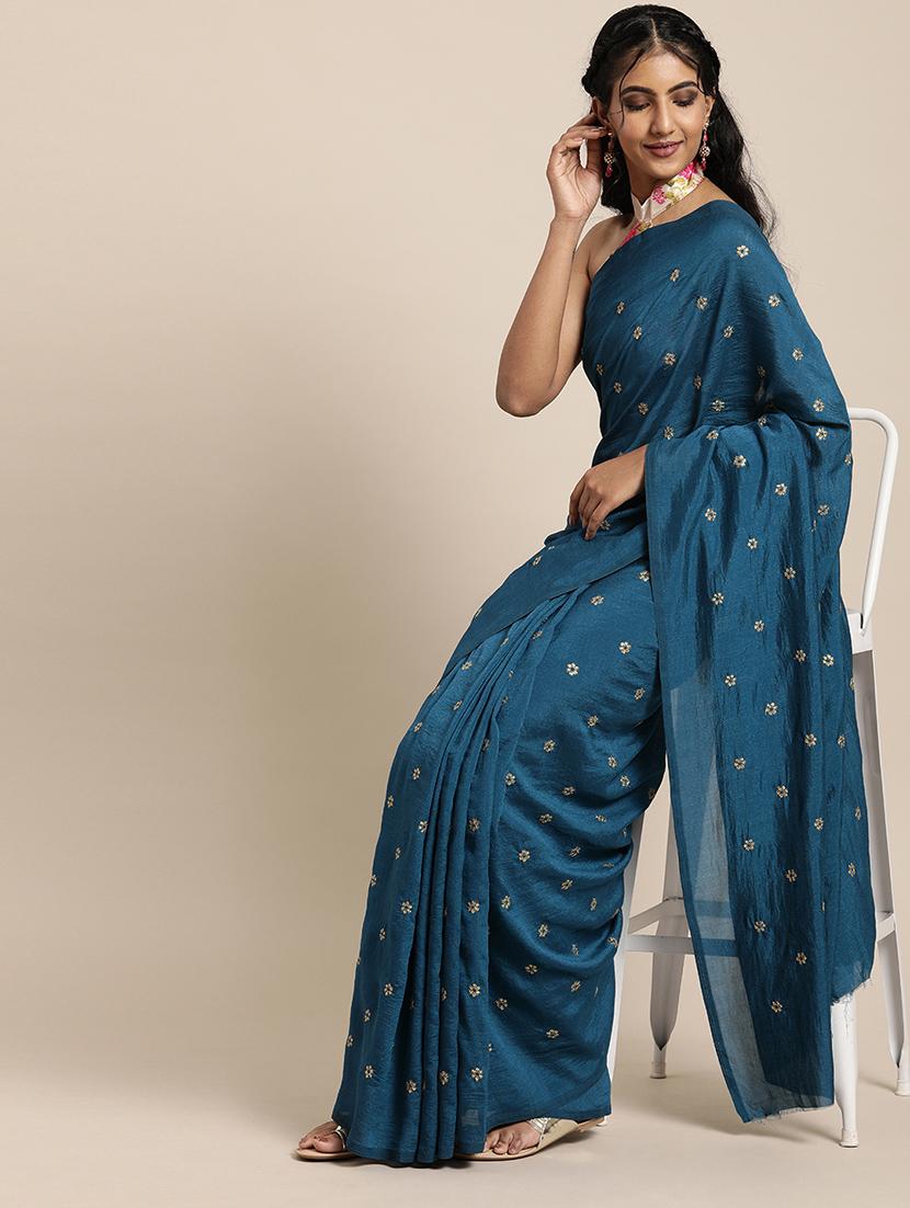 solid embroidered saree with blouse - 17425964 - Zoom Image - 1