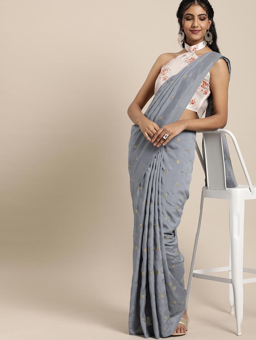 solid embroidered saree with blouse - 17425968 - Zoom Image - 1