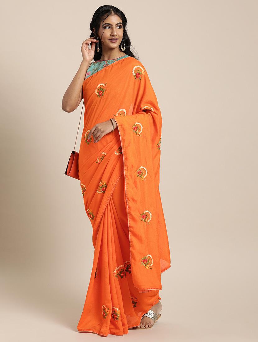 solid embroidered saree with blouse - 17425969 - Zoom Image - 1