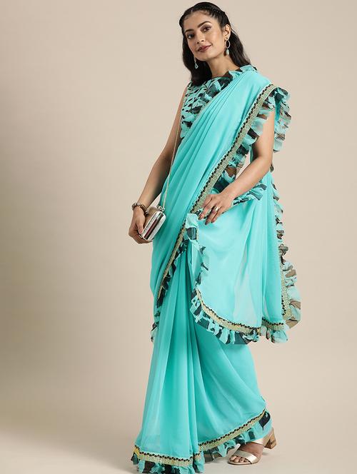 turquoise georgette embroidered saree with blouse - 17425996 - Standard Image - 1