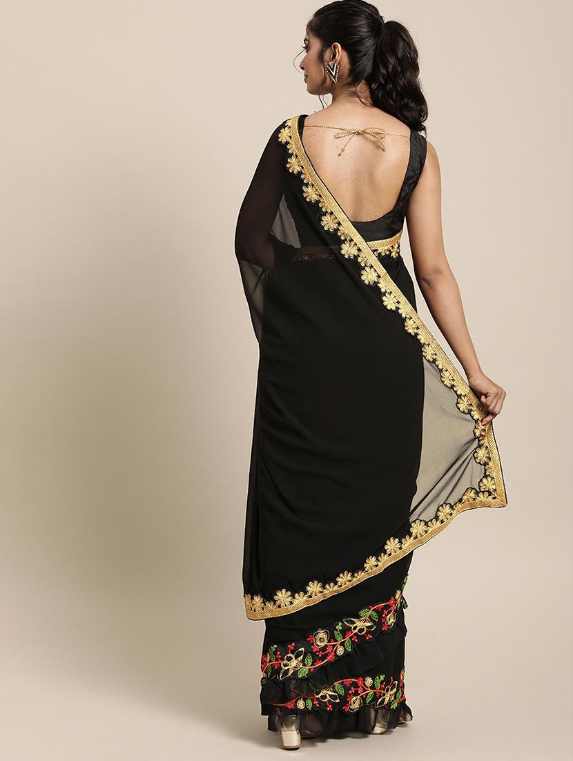solid ruffle bordered saree with blouse - 17425999 - Zoom Image - 2