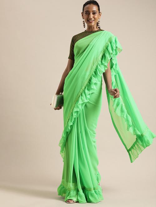 solid ruffle woven saree with blouse - 17426106 - Standard Image - 1