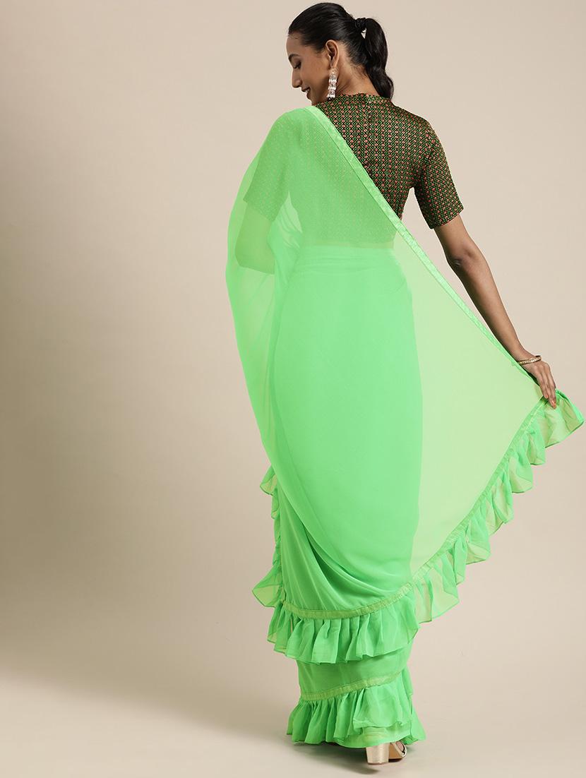 solid ruffle woven saree with blouse - 17426106 - Zoom Image - 2