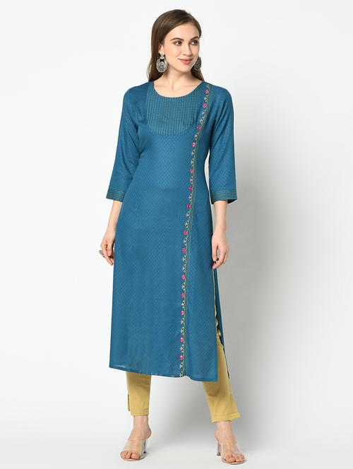 teal blue straight kurta - 17426147 - Standard Image - 1