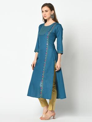 teal blue straight kurta - 17426147 - Standard Image - 2