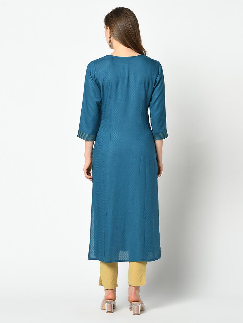 teal blue straight kurta - 17426147 - Zoom Image - 3