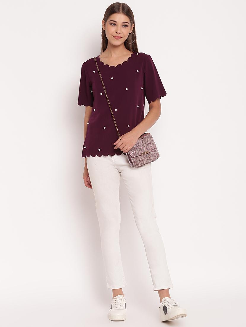 scallop trim pearl embellished top - 17426511 - Zoom Image - 4