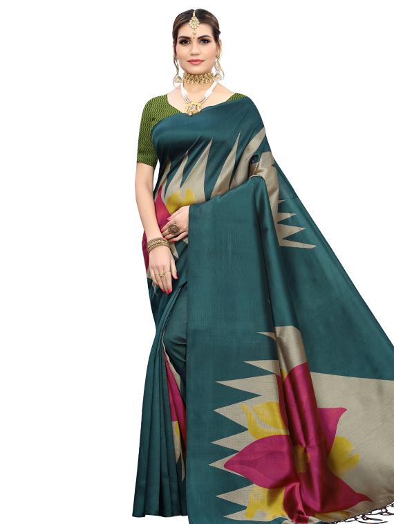 teal printed saree with blouse - 17426899 - Zoom Image - 1