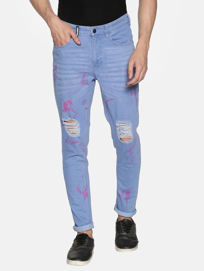 blue printed light washed distressed denim jeans - 17426908 - Zoom Image - 1