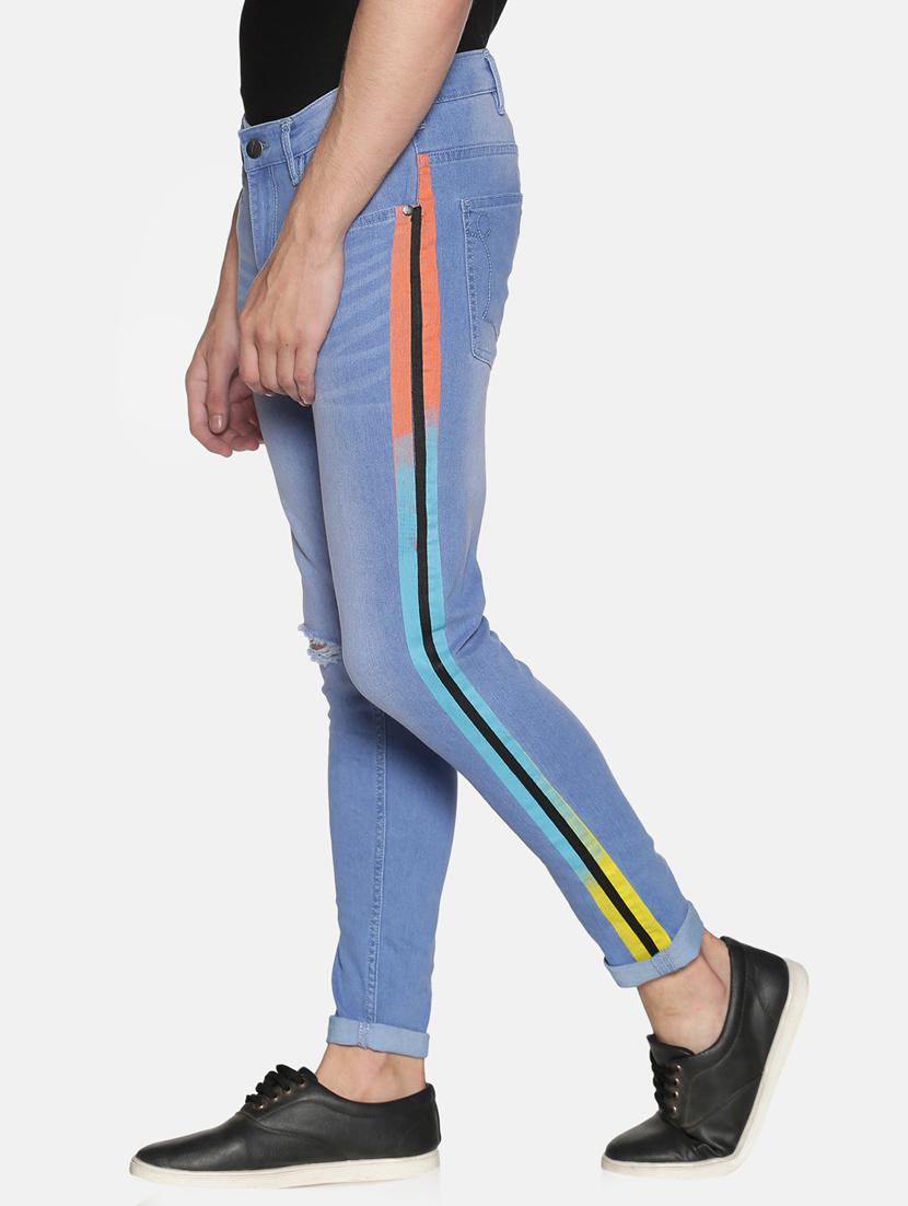blue light washed side taped distressed denim jeans - 17426909 - Zoom Image - 2
