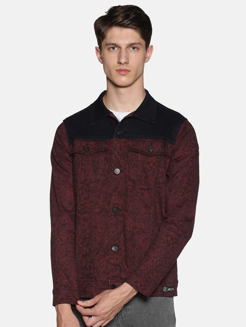 maroon printed denim jacket - 17426925 - Standard Image - 1