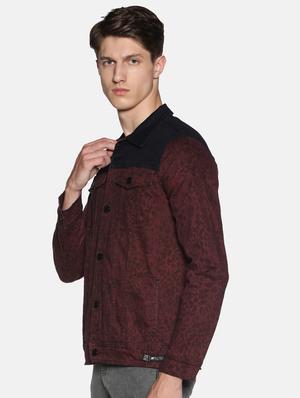 maroon printed denim jacket - 17426925 - Standard Image - 2