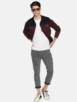 maroon printed denim jacket - 17426925 - Standard Image - 4