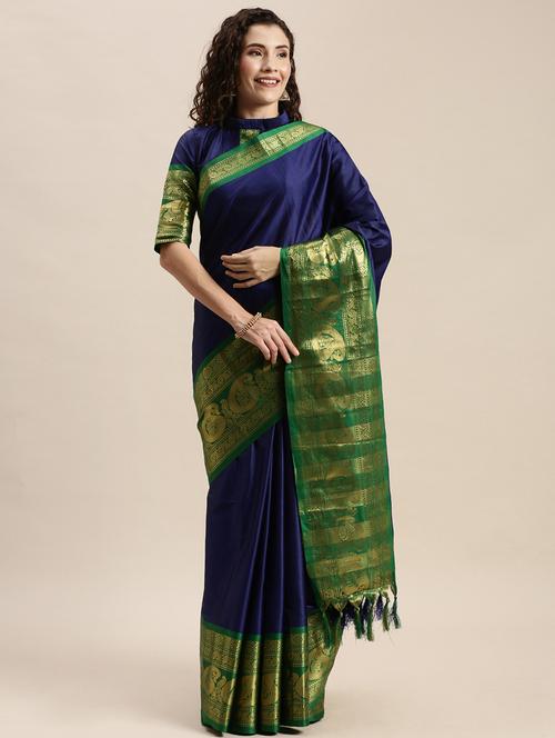 navy silk blend kanjivaram saree with blouse - 17427030 - Standard Image - 1