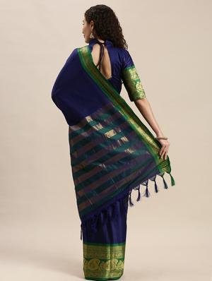 navy silk blend kanjivaram saree with blouse - 17427030 - Standard Image - 2