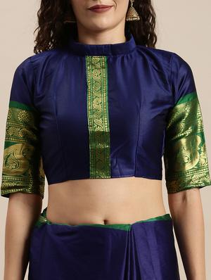 navy silk blend kanjivaram saree with blouse - 17427030 - Standard Image - 3