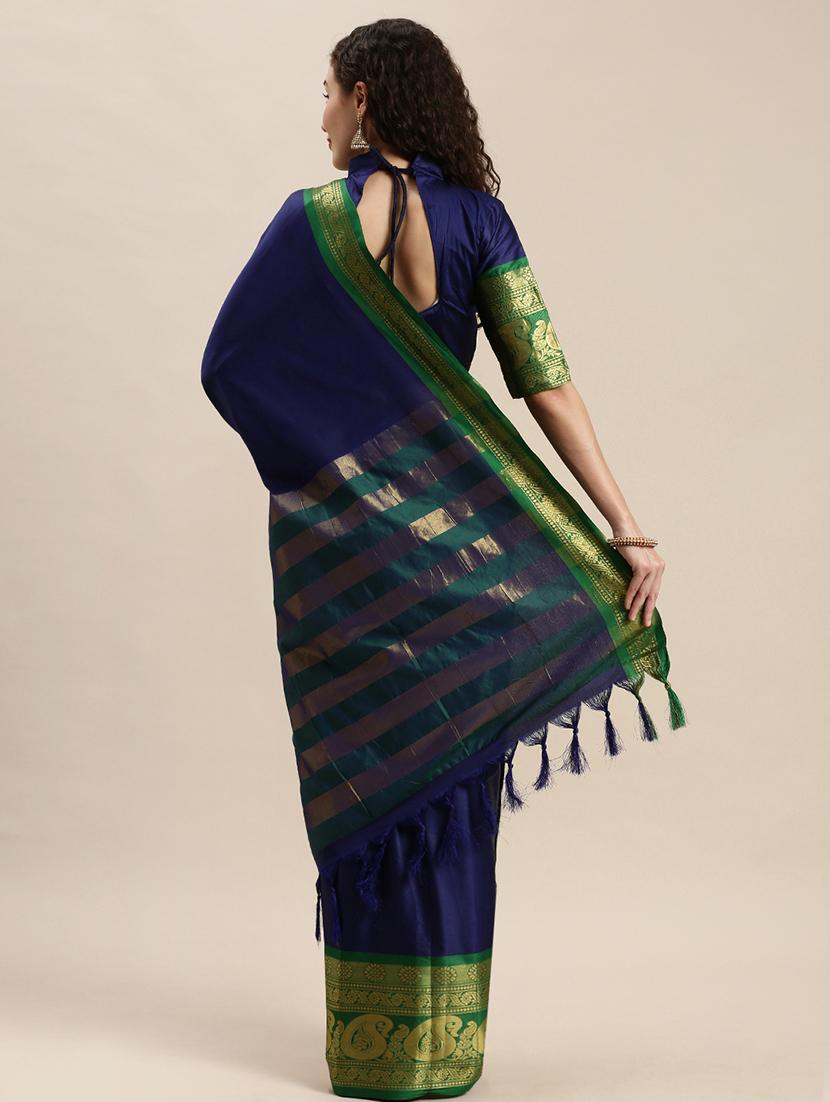 navy silk blend kanjivaram saree with blouse - 17427030 - Zoom Image - 2
