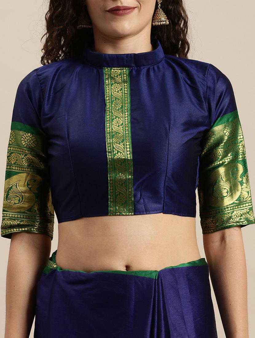 navy silk blend kanjivaram saree with blouse - 17427030 - Zoom Image - 3