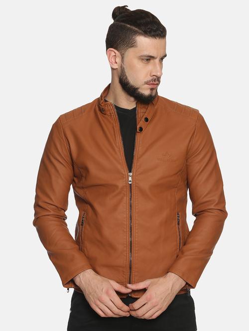 tan solid pu biker jacket - 17427101 - Standard Image - 1