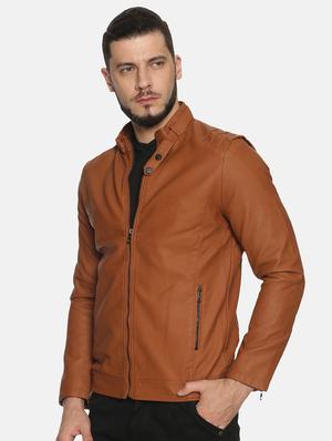 tan solid pu biker jacket - 17427101 - Standard Image - 2