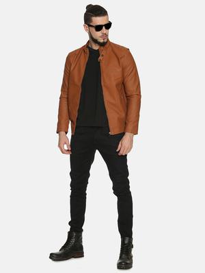 tan solid pu biker jacket - 17427101 - Standard Image - 4