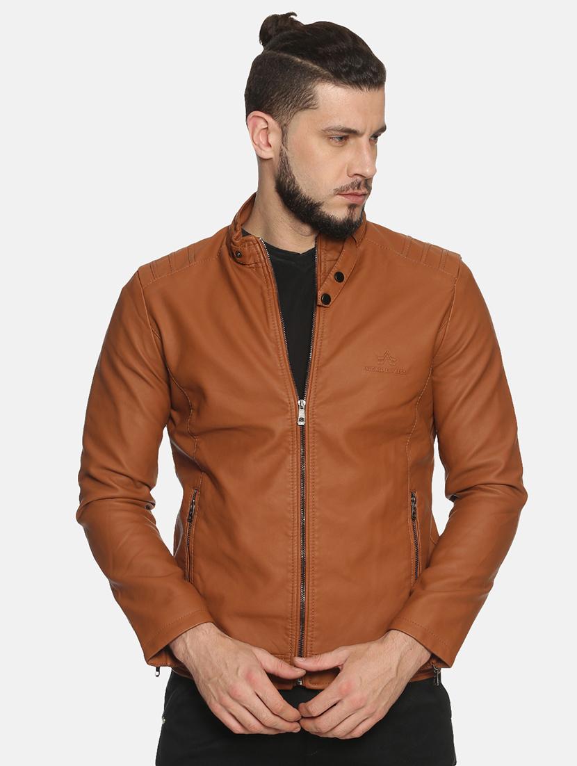 tan solid pu biker jacket - 17427101 - Zoom Image - 1