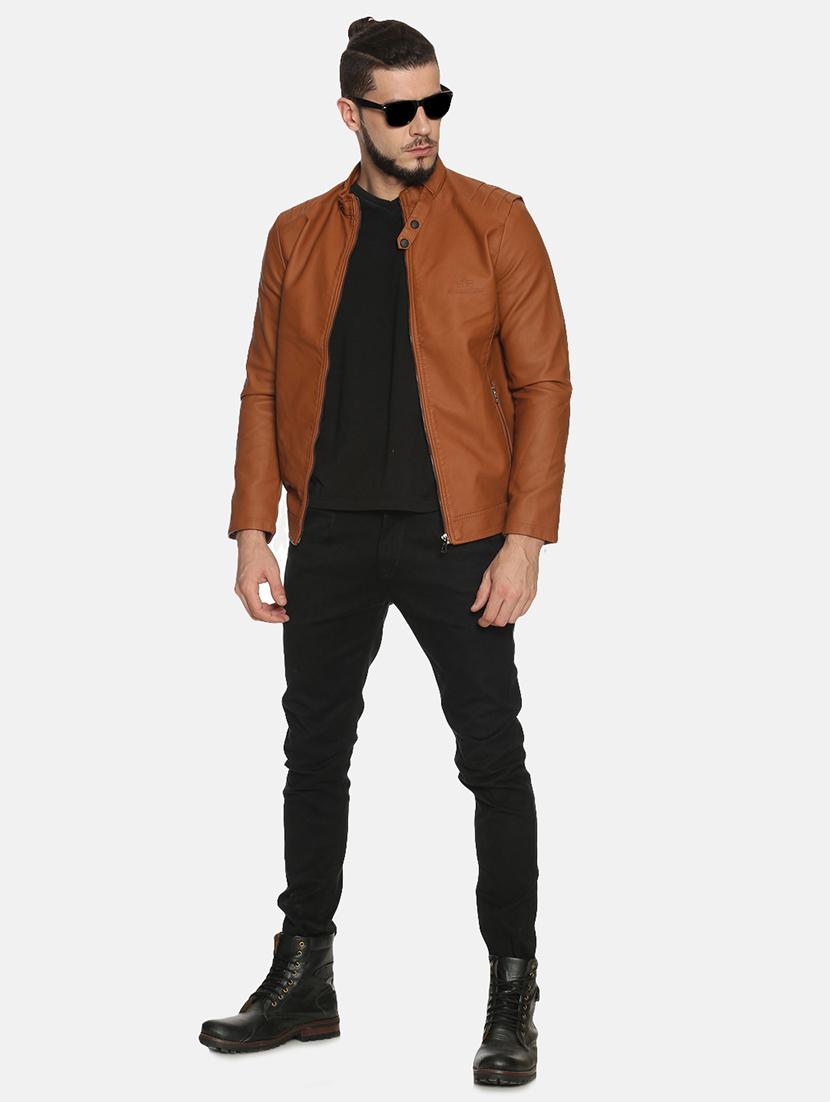 tan solid pu biker jacket - 17427101 - Zoom Image - 4