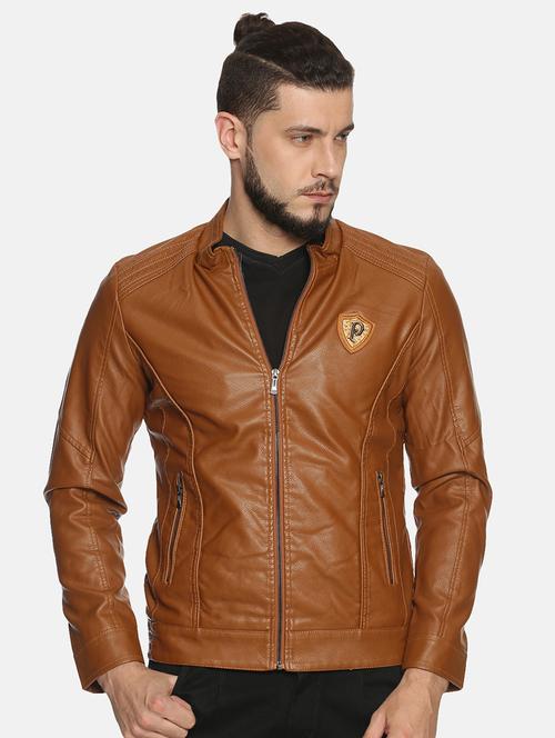 brown solid pu biker jacket - 17427102 - Standard Image - 1