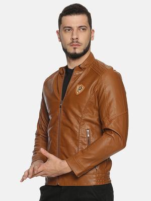 brown solid pu biker jacket - 17427102 - Standard Image - 2