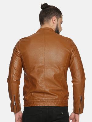 brown solid pu biker jacket - 17427102 - Standard Image - 3