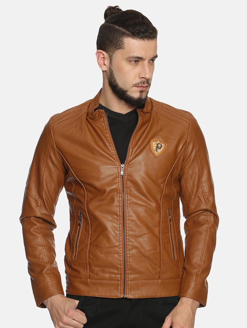 brown solid pu biker jacket - 17427102 - Zoom Image - 1