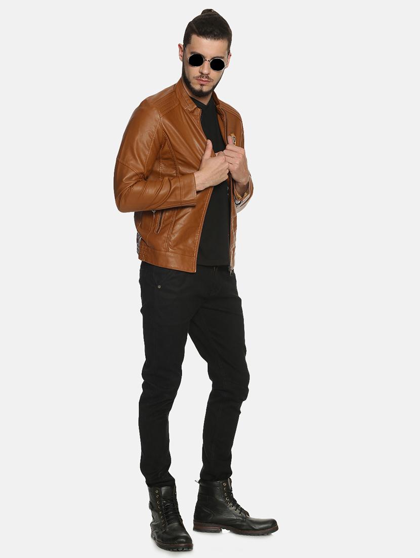 brown solid pu biker jacket - 17427102 - Zoom Image - 4