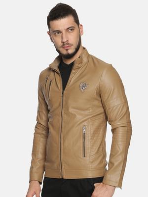 brown solid pu biker jacket - 17427105 - Standard Image - 2