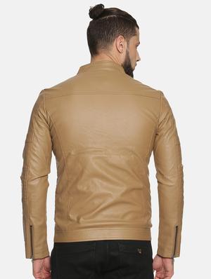 brown solid pu biker jacket - 17427105 - Standard Image - 3