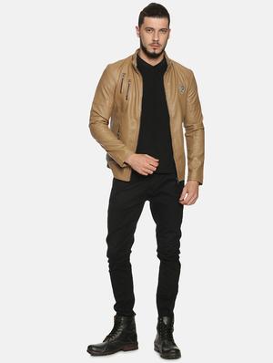 brown solid pu biker jacket - 17427105 - Standard Image - 4
