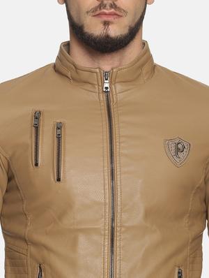 brown solid pu biker jacket - 17427105 - Standard Image - 5