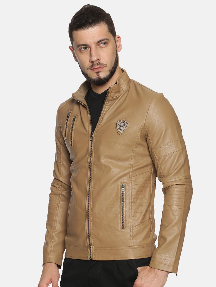 brown solid pu biker jacket - 17427105 - Zoom Image - 2