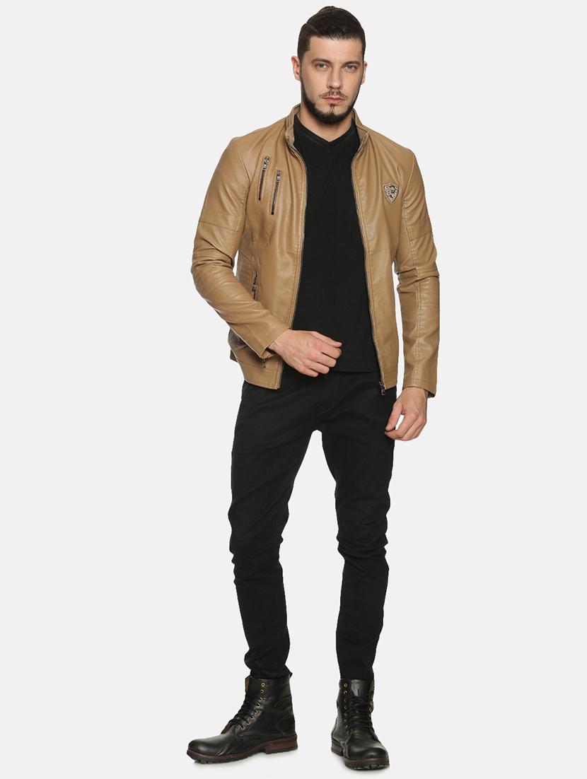 brown solid pu biker jacket - 17427105 - Zoom Image - 4