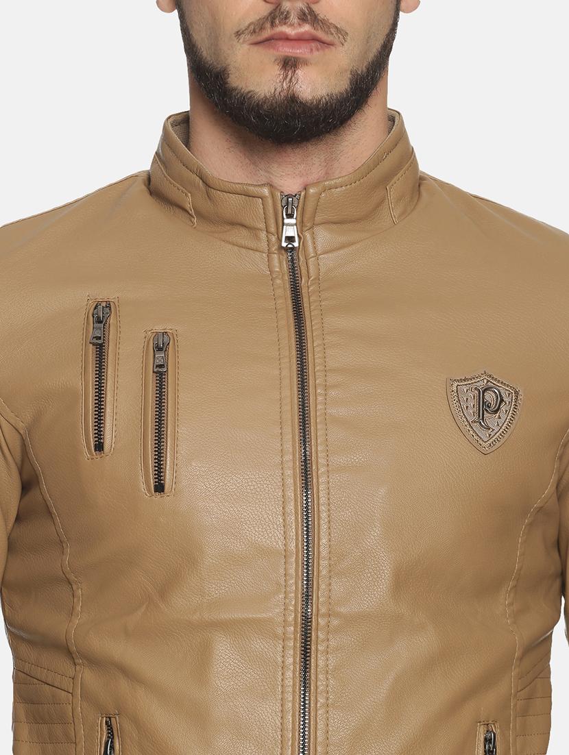 brown solid pu biker jacket - 17427105 - Zoom Image - 5