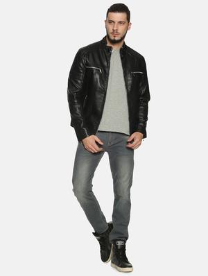 black solid pu biker jacket - 17427116 - Standard Image - 4