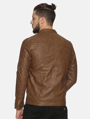 brown solid pu biker jacket - 17427125 - Standard Image - 3