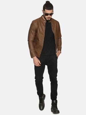 brown solid pu biker jacket - 17427125 - Standard Image - 4
