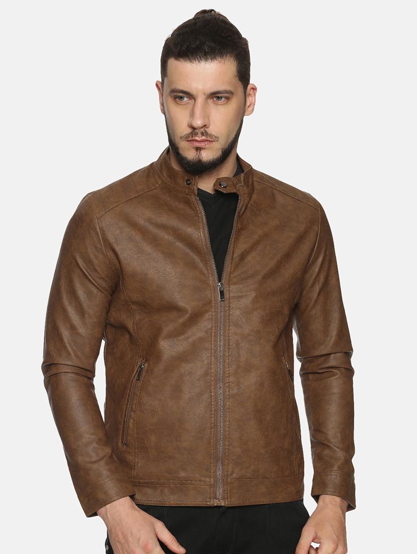 brown solid pu biker jacket - 17427125 - Zoom Image - 1