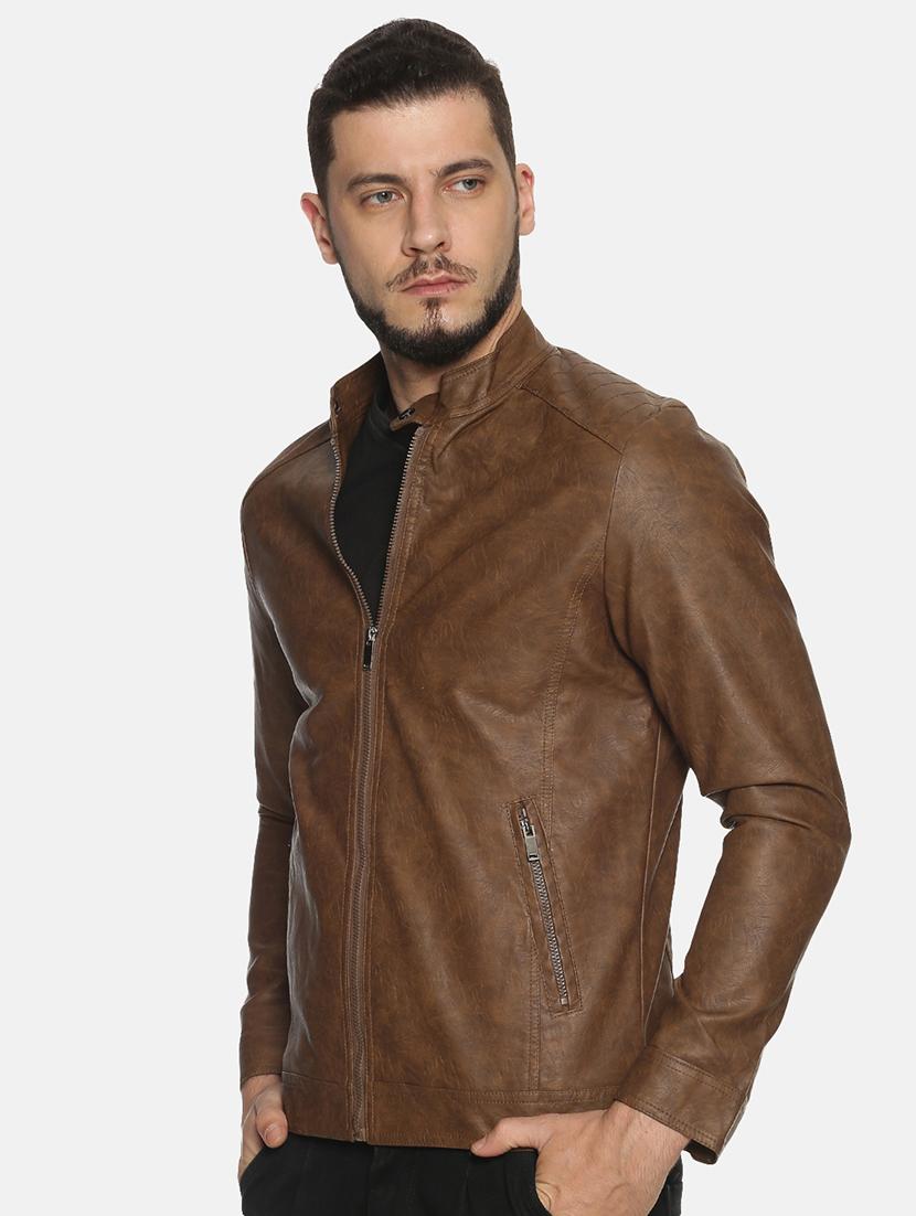 brown solid pu biker jacket - 17427125 - Zoom Image - 2