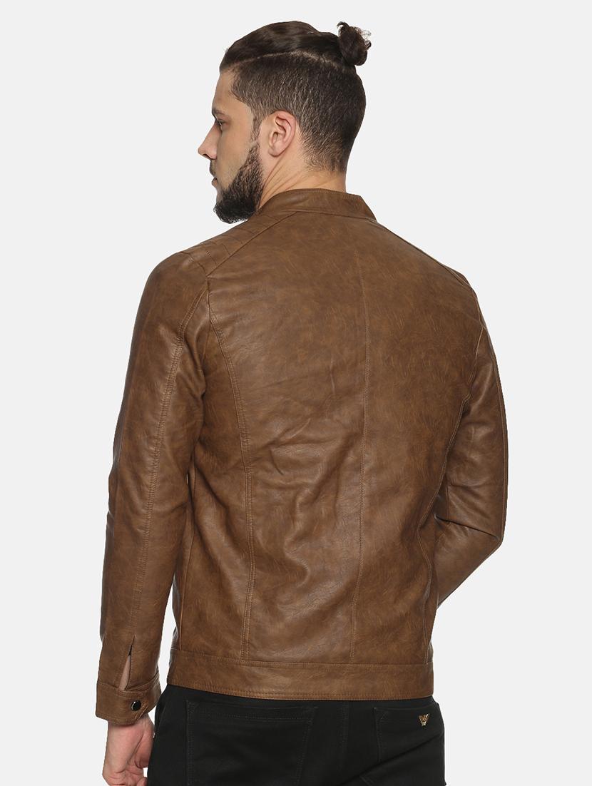 brown solid pu biker jacket - 17427125 - Zoom Image - 3