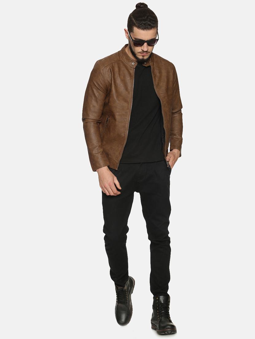 brown solid pu biker jacket - 17427125 - Zoom Image - 4