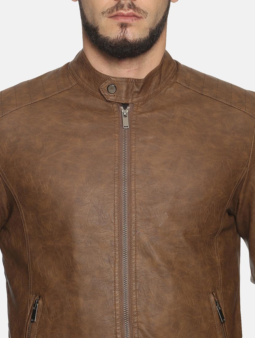 brown solid pu biker jacket - 17427125 - Zoom Image - 5