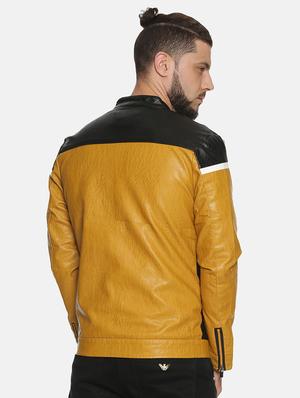 yellow color block pu biker jacket - 17427126 - Standard Image - 3